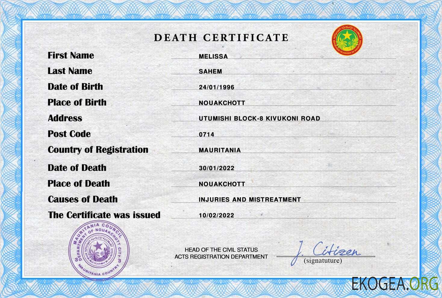 Modèle PSD de certificat de décès de l'état civil de la Mauritanie